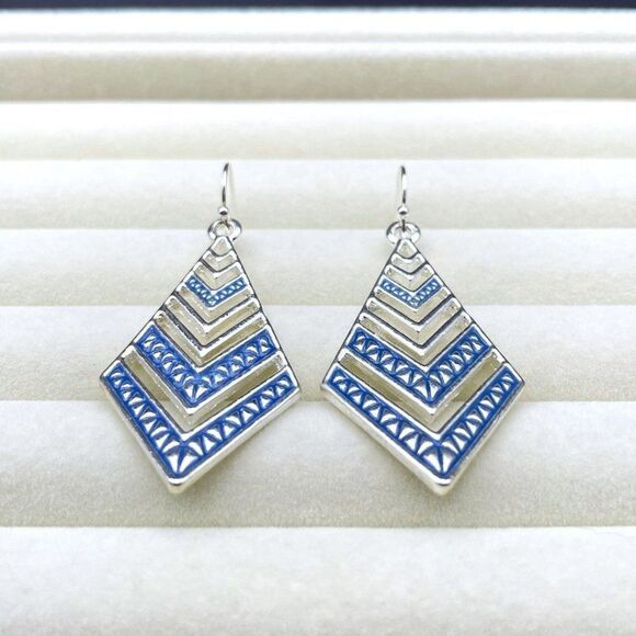 Silver with Blue Enamel Boho Tribal Rhombus Chevron Dangling Drop Hook Earrings - Picture 4 of 9
